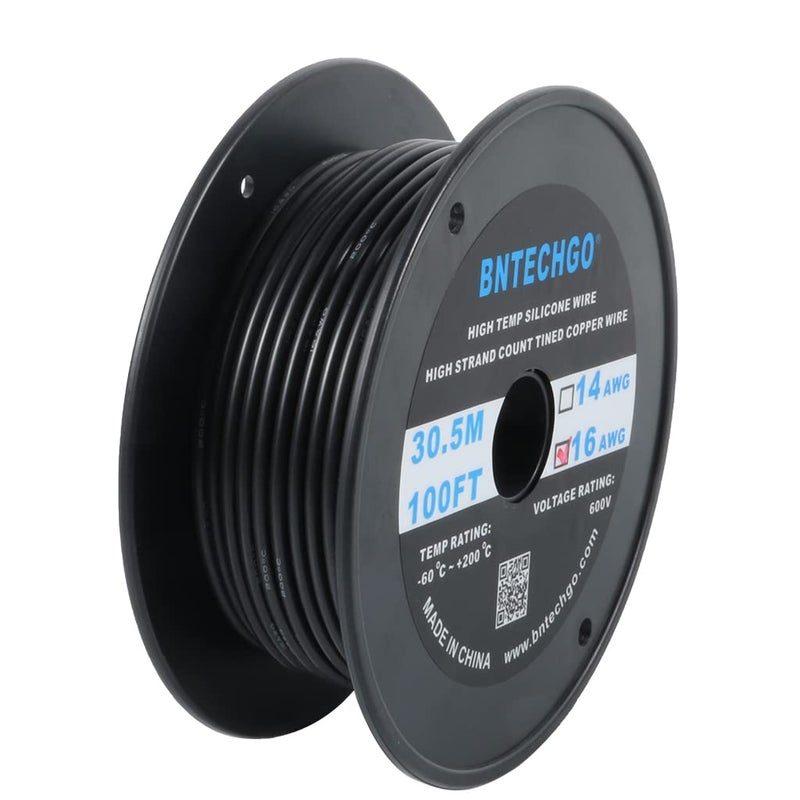 BNTECHGO بنتشغو سلك سيليكون عيار 16 لفة 100 قدم أسود مرن 16 AWG سلك نحاسي معزول - Image 1
